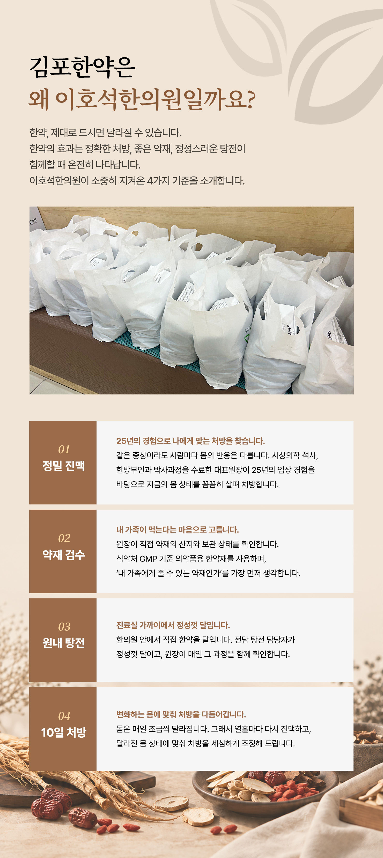 김포한약은 왜 이호석한의원일까요? — 01 정밀 진맥: 25년의 경험으로 나에게 맞는 처방을 찾습니다. 02 약재 검수: 식약처 GMP 기준 의약품용 한약재를 사용합니다. 03 원내 탕전: 한의원 안에서 직접 한약을 달입니다. 04 10일 처방: 열흘마다 다시 진맥하고 처방을 조정합니다.